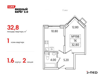 Планировка однокомнатной(квартира) площадью 32.8 квадратных метров в ЖК “ЖК Видный берег 2”