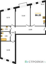 Планировка трехкомнатной(квартира) площадью 86.2 квадратных метров в ЖК “ЖК Эльйон”