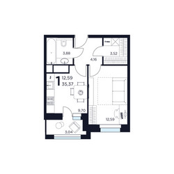 Планировка однокомнатной(квартира) площадью 35.37 квадратных метров в ЖК “ЖК ВОСТОК II”