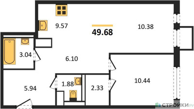 Планировка однокомнатной(квартира) площадью 49.68 квадратных метров в ЖК “ЖК Прибрежный Парк”