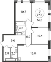 Планировка трехкомнатной(квартира) площадью 77.6 квадратных метров в “ЖК Первый Московский”