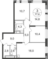 Планировка трехкомнатной(квартира) площадью 77.6 квадратных метров в ЖК “ЖК Первый Московский”
