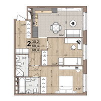 Планировка двухкомнатной(квартира) площадью 68.4 квадратных метров в “ЖК Гранд Комфорт”