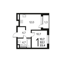 Планировка однокомнатной(квартира) площадью 33.4 квадратных метров в “Новые Ватутинки. Заречный”