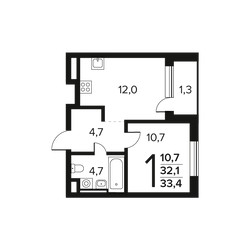 Планировка однокомнатной(квартира) площадью 33.4 квадратных метров в ЖК “Новые Ватутинки. Заречный”