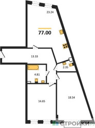 Планировка двухкомнатной(квартира) площадью 77 квадратных метров в ЖК “ЖК Эльйон”
