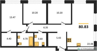 Планировка трехкомнатной(квартира) площадью 80.83 квадратных метров в “ЖК Forst (Форст)”