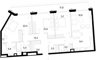 Планировка трехкомнатной(квартира) площадью 119.5 квадратных метров в “ЖК 26 ПАРКВЬЮ”
