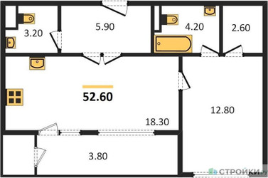 Планировка однокомнатной(квартира) площадью 52.6 квадратных метров в ЖК “ЖК Sky Garden (Скай Гарден)”