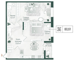 Планировка двухкомнатной(квартира) площадью 94.69 квадратных метров в ЖК “ЖК Рига Хиллс”