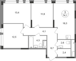 Планировка трехкомнатной(квартира) площадью 74.1 квадратных метров в “ЖК Первый Московский”