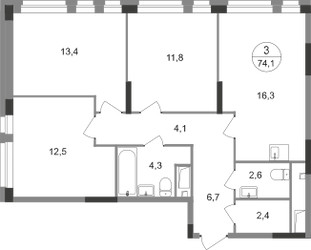 Планировка трехкомнатной(квартира) площадью 74.1 квадратных метров в ЖК “ЖК Первый Московский”
