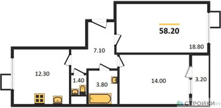 Планировка двухкомнатной(квартира) площадью 58.2 квадратных метров в “ЖК Первый Лермонтовский”