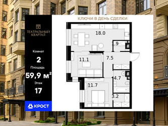 Планировка двухкомнатной(квартира) площадью 59.9 квадратных метров в ЖК “ЖК Театральный квартал”