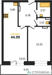 Планировка однокомнатной(квартира) площадью 44.99 квадратных метров в ЖК “Зеленый Оазис - Город”