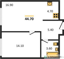 Планировка однокомнатной(апартаменты) площадью 44.7 квадратных метров в “ЖК Верейская 41”
