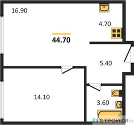Планировка однокомнатной(апартаменты) площадью 44.7 квадратных метров в ЖК “ЖК Верейская 41”