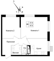Планировка двухкомнатной(квартира) площадью 47.8 квадратных метров в “ЖК Две столицы”