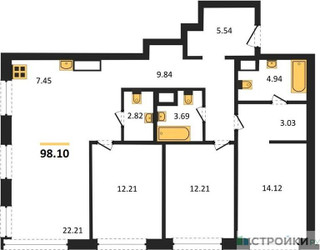 Планировка трехкомнатной(квартира) площадью 98.1 квадратных метров в ЖК “ЖК Собрание клубных домов West Garden (Вест Гарден)”