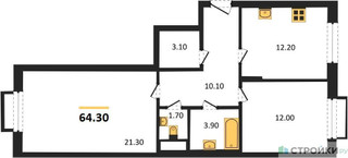 Планировка двухкомнатной(квартира) площадью 64.3 квадратных метров в “ЖК Римский”