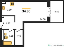 Планировка студии(апартаменты) площадью 34.3 квадратных метров в “ЖК Верейская 41”