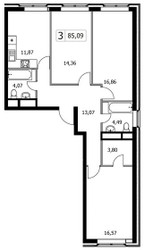 Планировка трехкомнатной(квартира) площадью 85.09 квадратных метров в ЖК “ЖК Городские Истории”