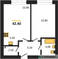 Планировка однокомнатной(квартира) площадью 42.4 квадратных метров в “ЖК Skolkovo ONE (Сколково Уан)”