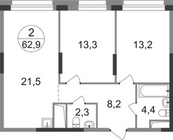 Планировка двухкомнатной(квартира) площадью 62.9 квадратных метров в “ЖК Первый Московский”