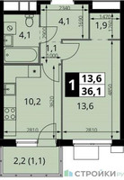 Планировка однокомнатной(квартира) площадью 36.6 квадратных метров в “ЖК 1-й Измайловский (Первый Измайловский)”