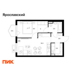 Планировка однокомнатной(квартира) площадью 38 квадратных метров в ЖК “ЖК Ярославский”