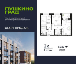 Планировка двухкомнатной(квартира) площадью 56.82 квадратных метров в ЖК “ЖК Пушкино Град”