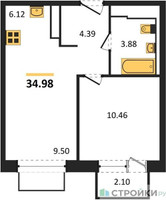 Планировка однокомнатной(квартира) площадью 34.98 квадратных метров в “ЖК Томилино Парк”
