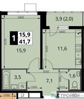 Планировка однокомнатной(квартира) площадью 41.7 квадратных метров в “ЖК 1-й Южный (Первый Южный)”