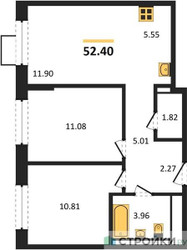 Планировка двухкомнатной(квартира) площадью 52.4 квадратных метров в ЖК “ЖК Пригород Лесное”