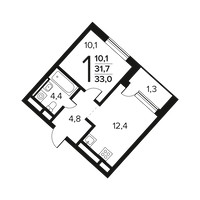 Планировка однокомнатной(квартира) площадью 33 квадратных метров в “Новые Ватутинки. Заречный”