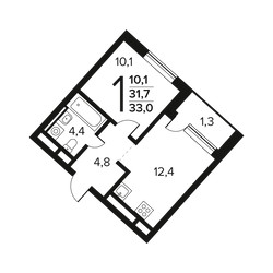 Планировка однокомнатной(квартира) площадью 33 квадратных метров в ЖК “Новые Ватутинки. Заречный”