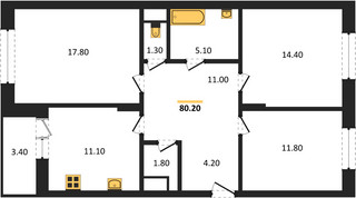 Планировка трехкомнатной(квартира) площадью 80.2 квадратных метров в “ЖК Эдельвейс (Первомайское)”