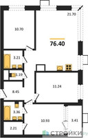 Планировка трехкомнатной(квартира) площадью 76.4 квадратных метров в “ЖК Квартал Тетрис”