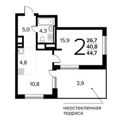 Планировка двухкомнатной(квартира) площадью 44.7 квадратных метров в ЖК “Новые Ватутинки. Заречный”