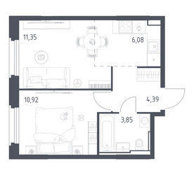 Планировка однокомнатной(квартира) площадью 36.59 квадратных метров в ЖК “ЖК Квартал Строгино”