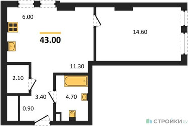 Планировка однокомнатной(квартира) площадью 43 квадратных метров в ЖК “Акценты”