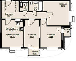 Планировка трехкомнатной(квартира) площадью 73.8 квадратных метров в “ЖК Соболевка”