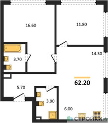 Планировка двухкомнатной(квартира) площадью 62.2 квадратных метров в ЖК “ЖК НАЗАРÉ (Мангазея в Богородском)”