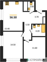 Планировка двухкомнатной(квартира) площадью 56.5 квадратных метров в “ЖК Мангазея на Речном”
