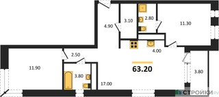 Планировка двухкомнатной(квартира) площадью 67.2 квадратных метров в “ЖК Новая Щербинка”