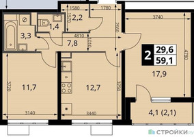 Планировка двухкомнатной(квартира) площадью 59.1 квадратных метров в “ЖК ЮЖНАЯ БИТЦА”