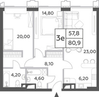 Планировка трехкомнатной(квартира) площадью 80.9 квадратных метров в “ЖК Will Towers (Вилл Тауэрс)”