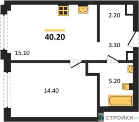Планировка однокомнатной(квартира) площадью 40.2 квадратных метров в ЖК “Акценты”