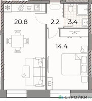 Планировка однокомнатной(квартира) площадью 40.8 квадратных метров в “ЖК ЗИЛАРТ”