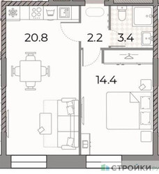 Планировка однокомнатной(квартира) площадью 40.8 квадратных метров в ЖК “ЖК ЗИЛАРТ”